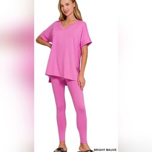 Zenana Bright Mauve V-Neck Top and Leggings Set